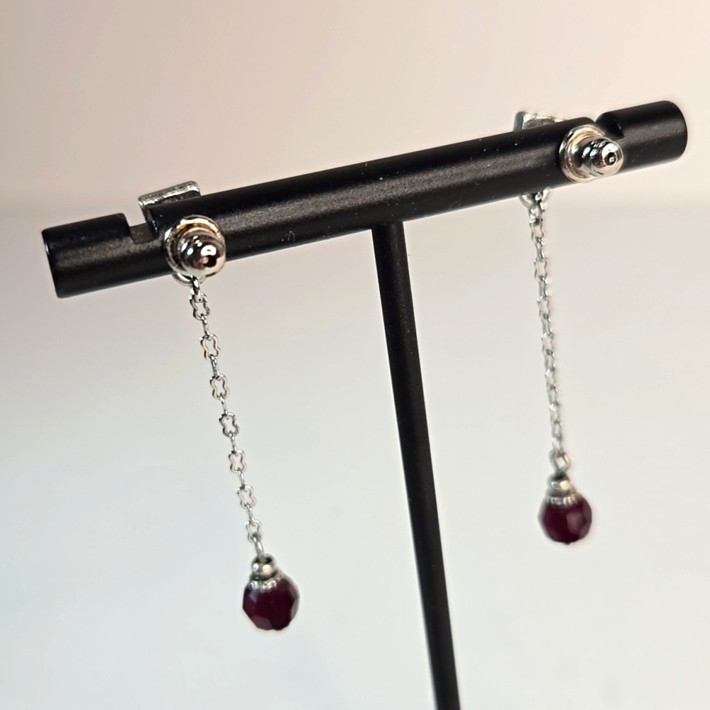 NWOT Artisan Silver and Red Crystal Dangle Drop Earrings Dainty Lightweight - Picture 4 of 7